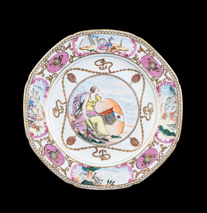 GG: Chinese armoral porcelain dinner plate, arms of Ker with Martin in pretence
